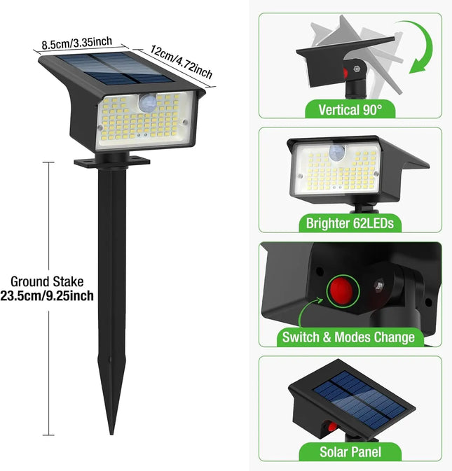 Solar Spot Lights Outdoor Motion Sensor, [62 LED]3 Modes Solar Landscape Spotlights Outdoor Waterproof,  for Yard Garden Patio