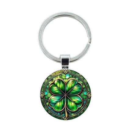 Elegant Four Leaf Clover Stained Glass Design Keychain, Round Lucky Symbol Art Printed Key Holder, St. Patrick Day & Good Luck Gift