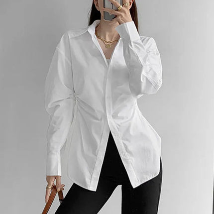 JOEVILU White Shirt Women’s Waist-defining Blouse Slim Fit Long Sleeve Tops Figure-hugging Office Shirts Korean Style Clothes