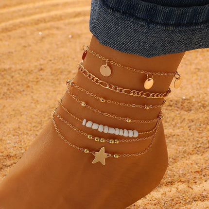 Bohemian Summer Beach Anklet Set For Women Gold Color Chain On Leg Leaf Heart Pineapple Rose Charm Ankle Bracelet Female Jewelry