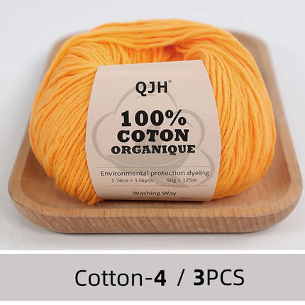 3PCS 100% Organic Cotton Yarn Machine Washable For Adult Baby Sweaters/Gloves/Scarves/Hats Etc. 50 gr (1.76 oz) 125 m (136 yrd)