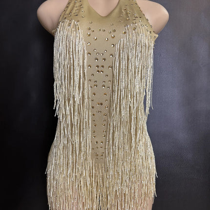 Sparkly Rhinestones Fringe Bodysuit WomenVightclub Party Dance Costume Stage Wear SexyTassel Leotard Performance Clothing G7