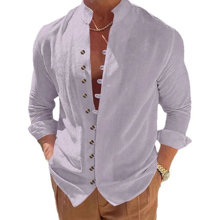 Men's Cotton Linen Shirt Men's Casual Loose Fit Long Sleeve Vintage Retro Button Down Shirt Hawaiian Beach Shirt