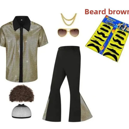 Men's Flared Pants Disco Shiny Shirt 70s Style Hip Hop Checkered Patterned Clothing Set Fashionable Retro Trend 2025