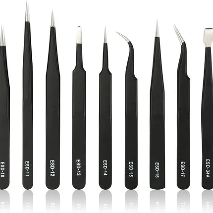 10Pc ESD Tweezer Set 1.5mm thick Anti-static Stainless Steel Non Magnetic Tips for Electronics Repair Soldering Crafting Jewelry