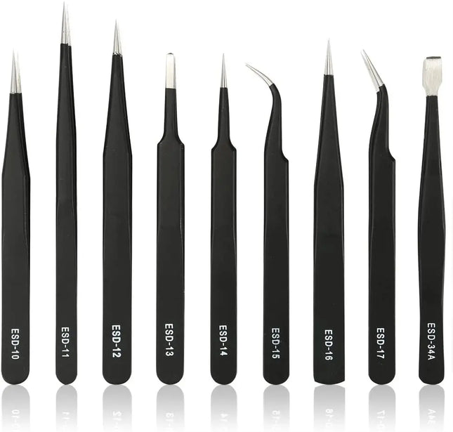 10Pc ESD Tweezer Set 1.5mm thick Anti-static Stainless Steel Non Magnetic Tips for Electronics Repair Soldering Crafting Jewelry