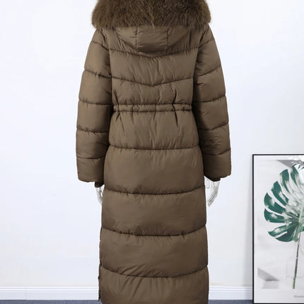 Women's Winter Long Down Jacket With Hood Drawstring Waist Fur Collar Zipper Quilted Padded Jackets 2026 Warm Parka Outwear