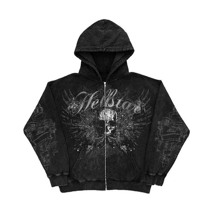 90s Tapout Gothic Zip Up Hoodies Skull Cross Wings Graphic Print Dark Streetwear Black Hooded Sweatshirts Unisex Autumn Tops