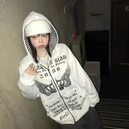 2000S American Vintage Striped Loose Long Sleeve Hooded Sweatshirt Y2k Subculture Casual Zip Up Hooded Cardigan Harajuku Coats