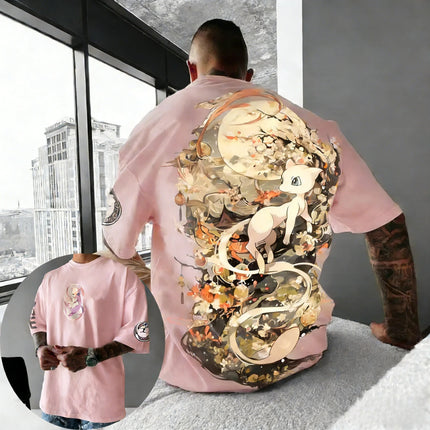 Pokemon   Anime Mew Printed Cotton T-shirt Summer Men's and Women's Loose Casual Street Hip-hop Versatile Short Sleeved Top