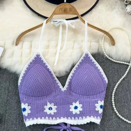 National Style Women's Swimwear Top with Chest Pads Bohemian Beach Wear Outfit Crochet Halter Neck Summer Sling Beach Vacation