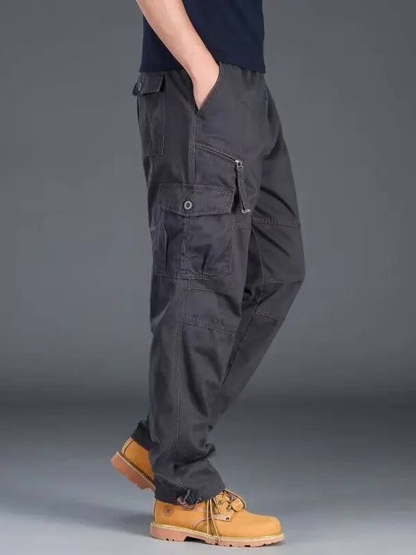 Men's Workwear Pants Multiple Pockets Outdoor Casual Trousers Wear-Resistant Loose Straight Leg Long Pants High Waist Zipper