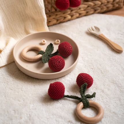 Handmade Crochet Fruit Rattle Toy for Babies Boys Girls Gifts Wood Ring Cherry Rattles Infant Teether for Newborn Music Toys
