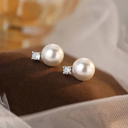 Real 925 Sterling Silver Zircon Bead Round Pearl Stud Earrings For Women Classic Fine Jewelry Niche Light Luxury Accessories