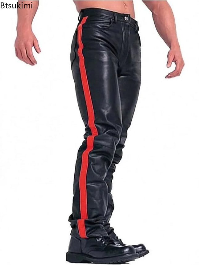 New Men's Black PU Leather Side Color-blocking Punk Style Street Casual Pants Motorcycle Leather Trousers Four Season Pants Male