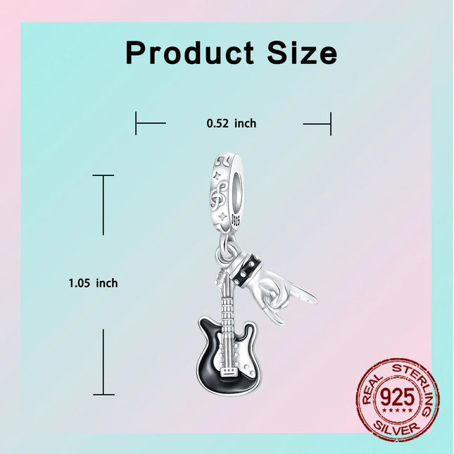 Hot Sale Rock Music Guitar Charms 925 Sterling Silver Dangle Pendant Fit Bangle Bracelet Necklace DIY Jewelry