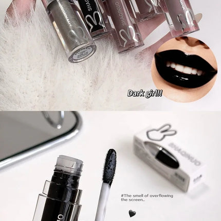 SHAQINUO Water Light Mirror Lip Gloss Lasting Moisturizing Cool Black Silver Gray Pearlescent Fine Sparkling Lipstick Lip Oil