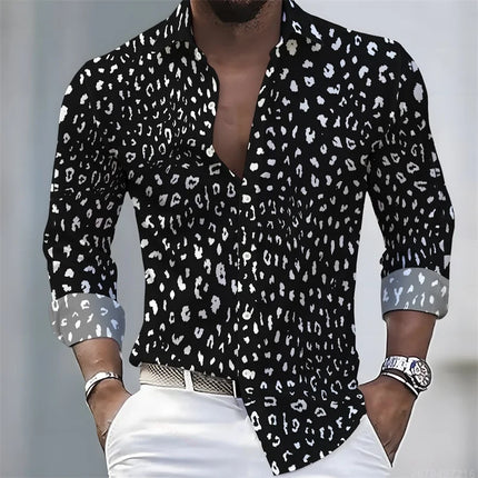 New Men's Leopard Print Long-Sleeved Shirt, Trendy Retro Slim-Fit Turn-Down Collar Casual and Stylish Men's Shirt, Sizes S-6XL.