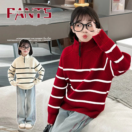 Kids New Design Striped Polo Sweater with Half Zipper For Teens Girl Turtleneck Knitwear Children Autumn Knitted Pullover Outfit