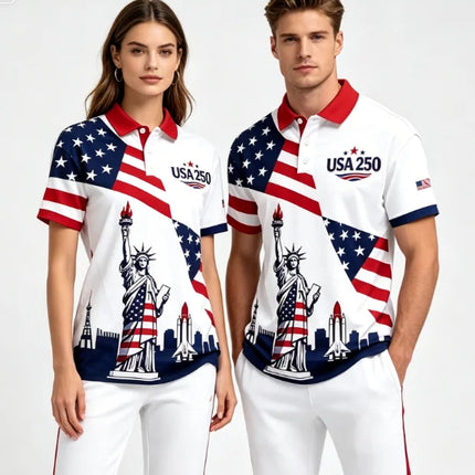 Men Women USA 250 Statue Of Liberty Print Couple Polo Shirt American Flag Patriotic Casual Sportswear For Independence Day Polo
