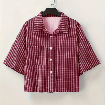 Men's Short-Sleeved Button-Up Shirt, Retro Red Checkered Striped Casual Shirt, Suitable for Summer Streetwear Tops