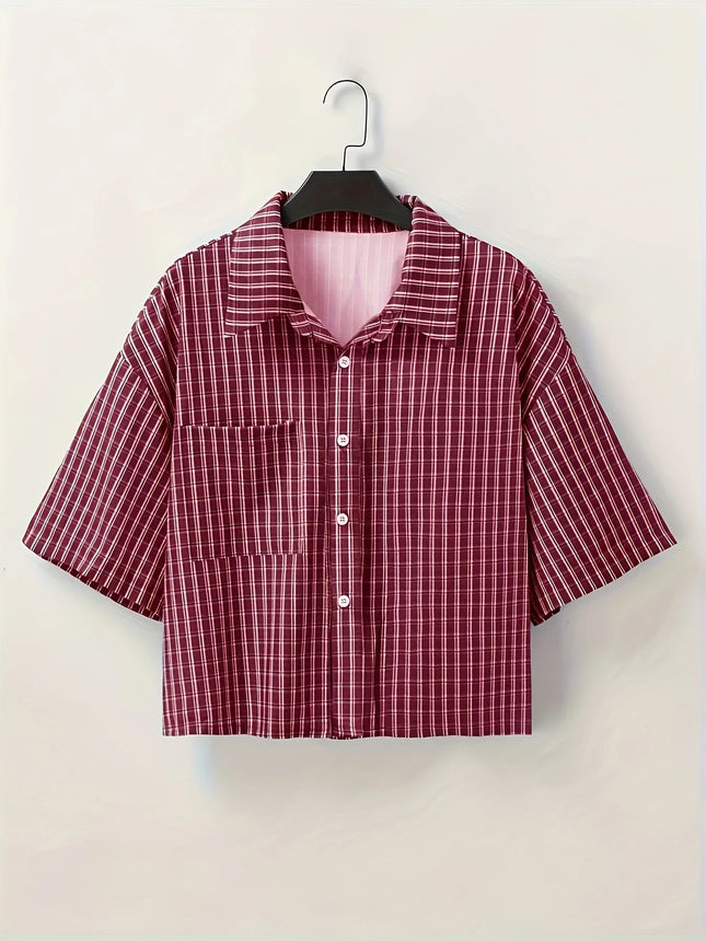 Men's Short-Sleeved Button-Up Shirt, Retro Red Checkered Striped Casual Shirt, Suitable for Summer Streetwear Tops