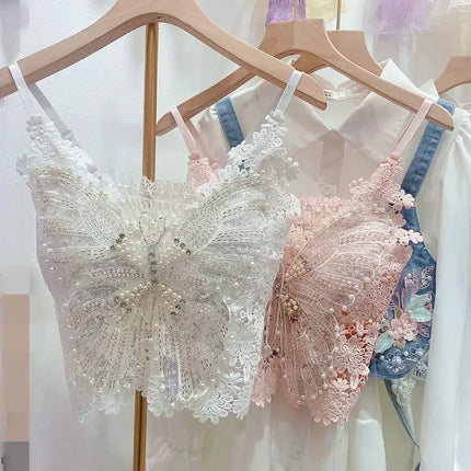 Women's Clothing Heavy Beaded Floral Tank Sexy Crop Tops Ropa Mujer Lace Butterfly Top Navel-Baring Sexy Cropped Top Summer Camis