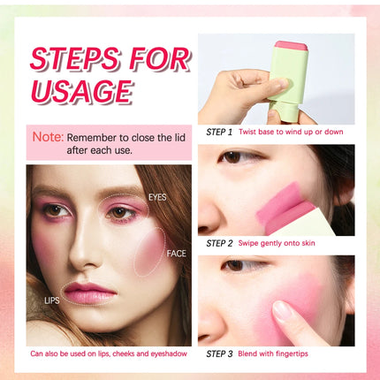 Tinted Mositure Blush Stick Face Pink Cream Cheek Blusher Cosmetics 3 in 1 Makeup Tubes used on lips eyes cheeks
