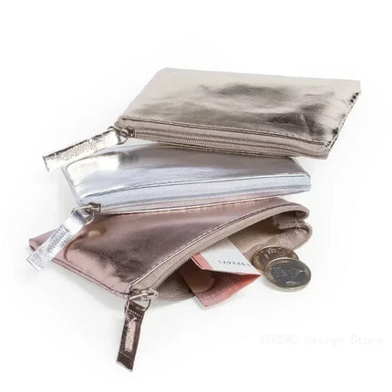 Silver Gold PU Leather Coin Purse Wallet Simple Fashion Waterproof Coin Bag Portable Card Holder Key Coin Earphone Pouch