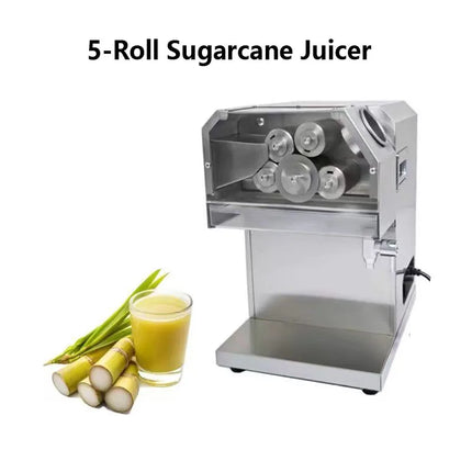 5 Rolls Stainless Steel Automatic Commercial Sugarcane Press Machine, 90%High-Yield Juicer, 0.75kw, Compatible with 220v/110v