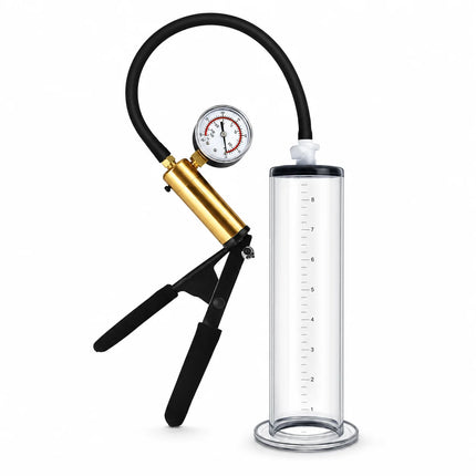 Male Acrylic Cylinder Vacuum Pump Sex Toy with Black Hose Metal Gauge Hand Pump and Man Masturbation Accessories