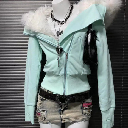 American Vintage Pink Furry Hoodie Women Y2K Harajuku Faux Fur Collar Jacket Fashion Slim Waist Belted Hot Girl Sweatshirt New