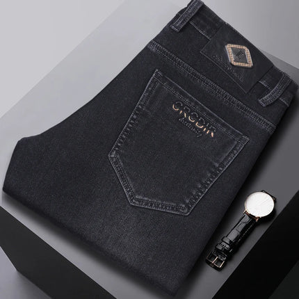 2025 Autumn Winter New High Elasticity Men's Business Jeans Haze Blue Black Gray Denim Trousers Men's Pants Work Clothes Brand