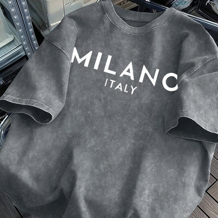 Milano Italy Printed Retro Tee Top Men's Summer Breathable Cotton T-Shirts Soft Fashion Washed Tee Unisex Casual Clothing