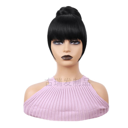 Synthetic Bun & Bang Set 2PCS Braided HairBun Bangs Straight Clip in High Bun with Bangs Clip on Hair Piece for Black Women