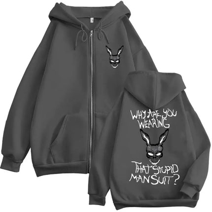 Movie Donnie Darko Why You Wearing That Stupid Man Suit Zipper Hoodie Men Casual Vintage Zip Up Jacket Male Oversized Sweatshirt