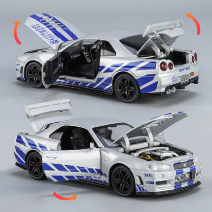 1:32 Scale GTR R34 R35 Diecast Model Alloy Toy Sport Cars Sound Light Pull Back high simulation Kid Birthday Gift Collect