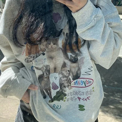 Milk Cat Printed Sweatshirt Autumn Winter Long Sleeve Fashion Streetwear Women Top Harajuku Y2k Aesthetic Graphic Women Clothing