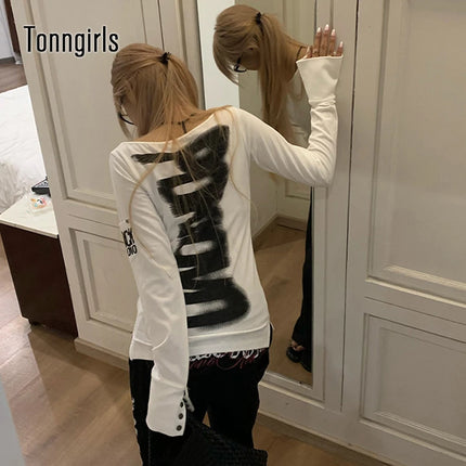 Tonngirls American Retro Print T-shirt Women Long Sleeve Button Graphic Tops Y2k Tops 2000s Japanese Grunge Tops E-girls Autumn