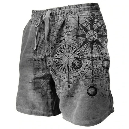 Men's Beach Shorts Compass Pattern 3D Retro Printed Shorts Men's Summer Breathable Drawstring Shorts Fitness Street Shorts