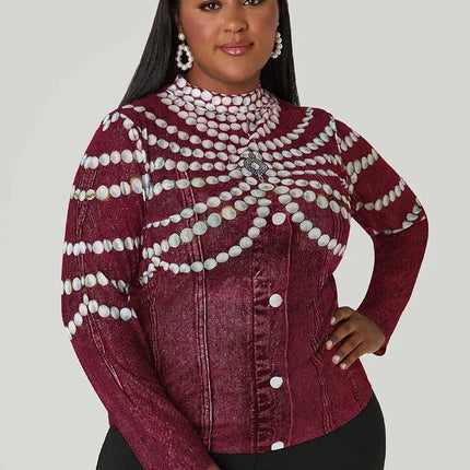 Tops Plus Size Woman Autumn Cute Long Sleeve Top Beads Printed Round Neck High Waist Shirts and Blouses Wholesale Dropshipping
