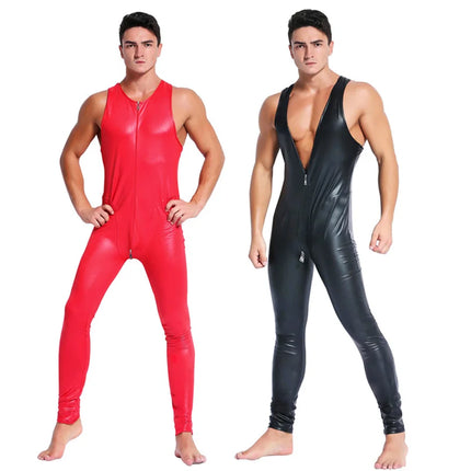Men Sexy Shiny PVC Faux Leather Bodysuit Front Zipper Open Crotch Wet Look Latex Jumpsuits Stretch Bodystocking Erotic Clubwear