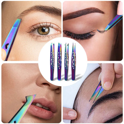 4pcs Precision Eyebrow Tweezers Set - Stainless Steel Tools for Brow Shaping, Beard Plucking & False Lash Application Eyebrow Gr