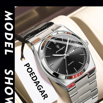 POEDAGAR Luxury Men's Quartz Wristwatch Waterproof Luminous Date Week Man Watch Stainless Steel Business Fashion Watches For Men