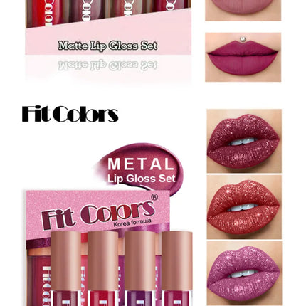 Fit Colors Velvet Lip Gloss Set — 4-Piece Non-Transfer, Diamond Finish, Long-Lasting Lip Gloss Collection