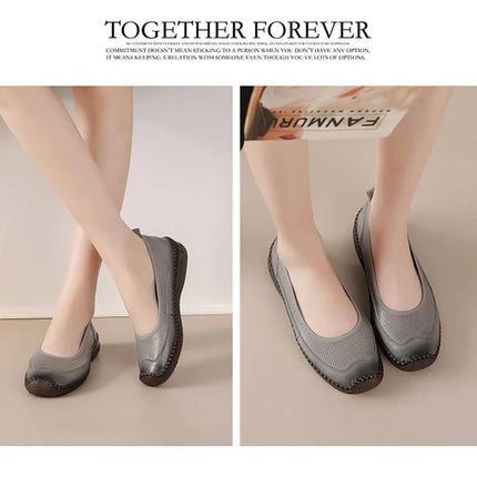 New Real Leather Perforated Ballet Flats Women's Massage Insole Slip On Moccasins Woman Hollow Loafer Casual Daily Shopping Shoe