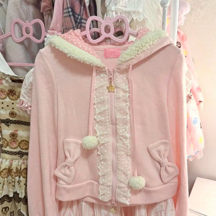 sweet Cute Kawaii Lolita Bunny Ear Hoodie - Fuzzy Trim Lace Trimmed Zipper Pom-Pom Bow Pockets Pink Zip-Up Casual Cute Jacket