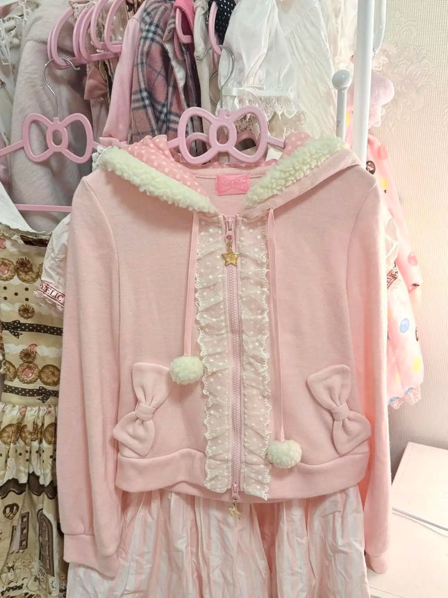 sweet Cute Kawaii Lolita Bunny Ear Hoodie - Fuzzy Trim Lace Trimmed Zipper Pom-Pom Bow Pockets Pink Zip-Up Casual Cute Jacket
