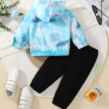 2-piece set of fashionable casual letter printed tie dye hooded long sleeved top and pants for baby boys, autumn and winter