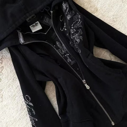 Women Rhinestone Eagle Wing Embellished Zip Up Hoodie Gothic Trend Rhinestone Embellished Jacket Y2K Street Retro Fashion Hoodie